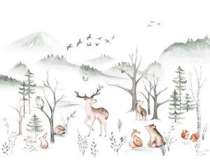 Fotobehang van bosdieren in een dichte bosrijke omgeving, met levendige kleuren en natuurlijke texturen.