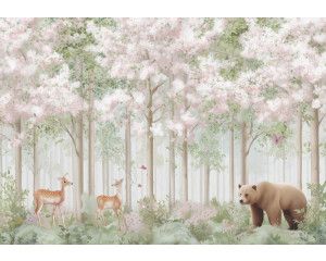 Fotobehang met tropische bladeren in groene tinten tegen een lichte achtergrond.