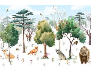 Fotobehang met bosdieren zoals een beer, een hert, een vos en vogels in een schilderachtige harmonie in een bosrijke omgeving.