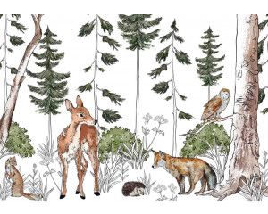 Kinderbehang van een avontuurlijk bos vol dieren, met een bosrijke achtergrond en speelse bosdieren.