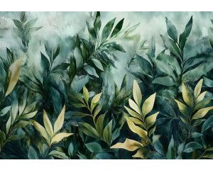 Fotobehang met een botanisch bladerpatroon in aquarelstijl met groene en beige tinten op een groene achtergrond.