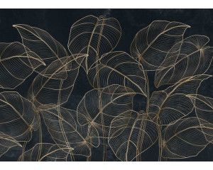 Een fotobehang met botanische bladeren en gouden accenten, waarin tropische bladeren worden gecombineerd met verfijnde gouddetails voor een luxe uitstraling.