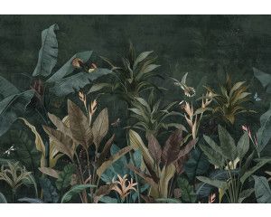 Fotobehang van een botanische jungle-oase met planten en bladeren, in een natuurlijke stijl.