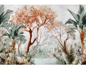 Fotobehang van botanische jungleplanten op beton, met een tropische en rustieke uitstraling.