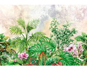 Fotobehang met jungle planten en bladeren in een botanische stijl, frisse groene kleuren voor een levendige ruimte.