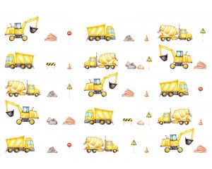 Fotobehang van bouwverkeer op een bouwplaats, met voertuigen voor kinderen, zoals een graafmachine en vrachtauto.
