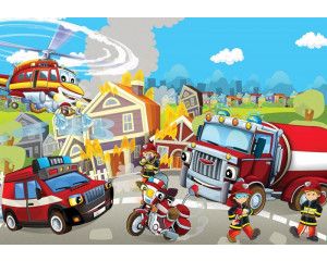 Fotobehang van brandweerauto's en voertuigen, perfect voor kinderkamers.