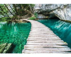 Houten brug over een turquoise vijver, natuurfotobehang met een serene weergave van een vijver.