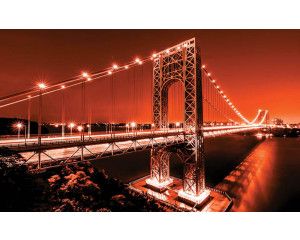 Fotobehang van een rode brug in een stad, opvallend architectonisch element.