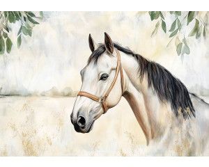 Charmant fotobehang met een wit paard in aquarelstijl, omgeven door zachte beige tinten en groene bladeren.