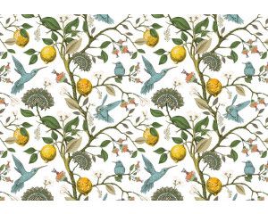 Fotobehang van citroenen en vogels tussen de bladeren, in een kleurrijke compositie.