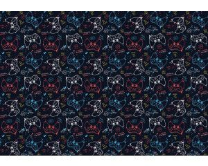 Gamecontrollers zijn afgebeeld op dit speelse fotobehang, perfect voor een gamingruimte of gamekamer.