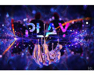 Fotobehang met de tekst Play en een futuristische hand eronder in een kunstzinnig, digitaal ontwerp.