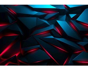 Fotobehang met scherpe zwarte fragmenten en oplichtende rode lijnen in een futuristisch 3D-ontwerp met blauwe accenten.