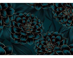 Fotobehang met prachtige dahlia’s en gouden accenten, perfect voor een elegante en luxueuze uitstraling.