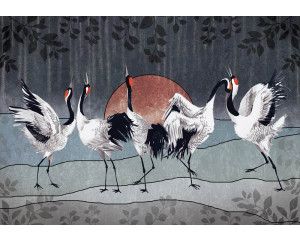 Fotobehang van dansende kraanvogels, weergegeven in een artistieke compositie.