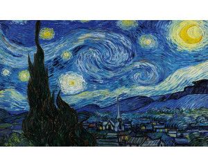 De sterrennacht van Vincent van Gogh, weergegeven in een abstract kunstzinnig fotobehang met levendige kleuren.