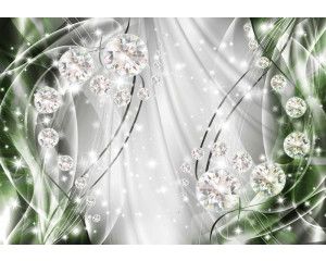 Fotobehang met smaragdgroene en zilveren diamanten, glinsterend en abstract.