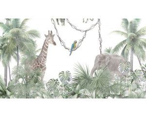 Fotobehang van tropische dieren die door de dichte jungle bewegen, omringd door exotische bomen en planten.