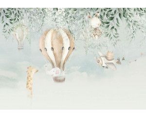 Fotobehang van dieren in de wolken, met een giraffe in een luchtballon.