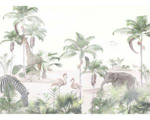 Dieren die door de dichte jungle bewegen, omringd door weelderige natuur op dit tropische fotobehang.