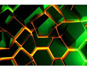 Fotobehang met groene 3D-zeshoeken en een gloeiende lavagloed in oranje en geel op de achtergrond.