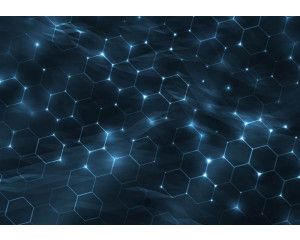 Fotobehang met digitale hexagon structuur in blauwe tinten en futuristisch licht.