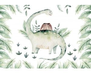 Fotobehang met dinosaurussen en botanische bladeren, perfect voor een avontuurlijke look.
