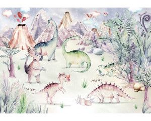 Kinderbehang van dinosaurussen die door een kleurrijke jungle spelen, speciaal voor kinderkamers.