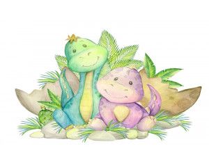 Fotobehang van dino-vrienden die samen door een prehistorische omgeving trekken, met een speelse en avontuurlijke sfeer.