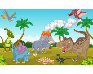 Een groep dinosaurussen in een prehistorisch landschap voor een vulkaan, weergegeven op fotobehang.