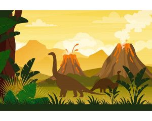 Fotobehang van dinosaurussen die in de buurt van een vulkaan bewegen, in een dramatische prehistorische setting.