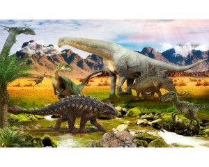 Dinosaurussen bewegen zich langs een rivier, afgebeeld op een levendig fotobehang dat de natuur en dinosaurussen combineert.