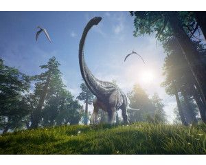 Brachiosaurussen bewegen zich onder de zon door een weids landschap, afgebeeld op een fotobehang met prehistorische flair.