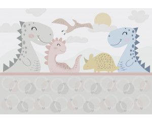 Pastelkleurig dinosaurussen fotobehang voor een zachte en vrolijke kinderkamer.