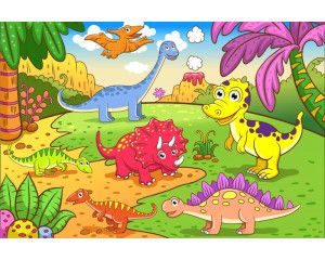 Dinosaurussen die voor een vulkaan staan, afgebeeld op een dramatisch en gedetailleerd fotobehang.