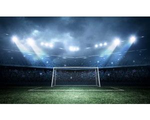 Fotobehang van een voetbal die naar het doel vliegt in een stadion, gevangen op het precieze moment van een belangrijke score.