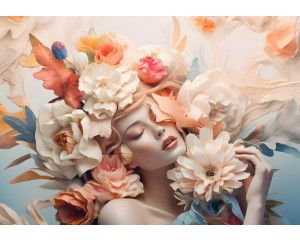 Elegante vrouw tussen pastelbloemen, sfeervol weergegeven op een artistiek fotobehang.