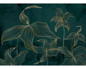 Een fotobehang met exotisch groen en gouden accenten, waarin weelderige tropische bloemen en subtiele goudtinten samenkomen voor een luxe en natuurlijke uitstraling.