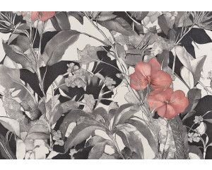 Fotobehang met fijne botanische kunst en roze bloemen op zwart-witte achtergrond.