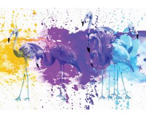 Fotobehang van een flamingo schilderij, met artistieke details en een levendige weergave van de vogel.