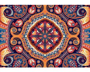 Kleurrijke bloemen in een folk-patroon, weergegeven op een artistiek en abstract fotobehang.