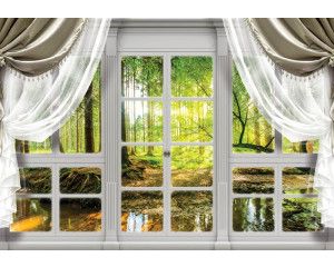 Boszicht vanuit een raam, bomen en natuur gedetailleerd weergegeven op 3D-fotobehang.