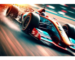 Formule 1 auto fotobehang met een indrukwekkende racewagen die op volle snelheid door het circuit rijdt.