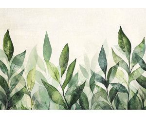 Fotobehang met een fris bladerenmotief in aquarelstijl met groene tinten op een lichte achtergrond.