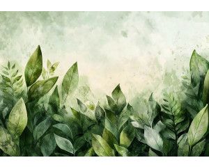 Fotobehang met frisse groene bladeren in aquarelstijl op een lichte achtergrond met natuurlijke uitstraling.