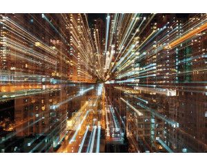 Dit fusion fotobehang toont een abstracte weergave van een moderne stad, met dynamische vormen en lijnen.