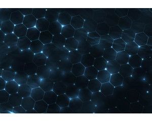 Fotobehang met futuristisch hexagonenpatroon en blauwe neonlichten.