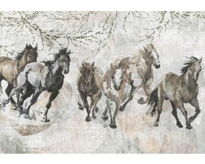 Fotobehang safari dieren avontuur met giraffe, zebra’s en savannelandschap in getekende stijl.