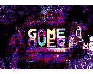Fotobehang met de tekst Game Over in pixelstijl op een paarse achtergrond.